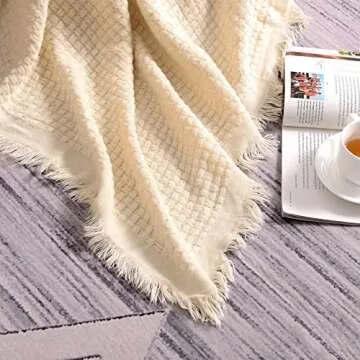 lifein Fall White Throw Blanket for Couch-Soft Boho Knitted Bed Throw Blanket,Cozy Farmhouse Waffle Small Lightweight Blanket&Throws for Autumn,Woman,Chair,Sofa,Home Decor,Gift(White/Cream,50 * 60")