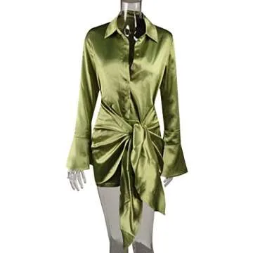 SHESEEWORLD Women's Sexy Long Sleeve V Neck Button Tie Waist Bodycon Satin Wrap Club Party Mini Dress Green
