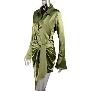 SHESEEWORLD Women's Sexy Long Sleeve V Neck Button Tie Waist Bodycon Satin Wrap Club Party Mini Dress Green