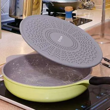 11" Silicone Splatter Screen Pan Cover with Folding Handle, Heat Insulation Cooling Mat, Strainer, Drain Board, Oil Splash Guard for Frying Pan