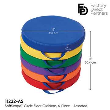 Factory Direct Partners SoftScape 15 inch Round Classroom Floor Cushions with Handles; Flexible Seating for Daycare, Preschool, Playroom; 2 inch Thick Deluxe Foam (6-Piece) - Assorted, 11232-AS