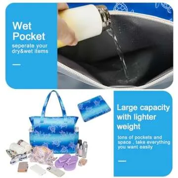 Waterproof Beach Tote Pool Bags for Women Ladies Extra Large Gym Tote Carry On Bag With Wet Compartment for Weekender Travel