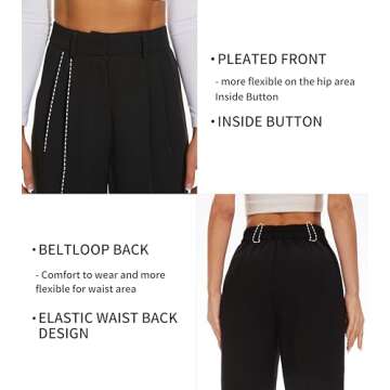 KICZOY Women's Wide Leg High Waist Pants Loose Fit Back Elastic Waist Pleated Front Trousers for Work Casual