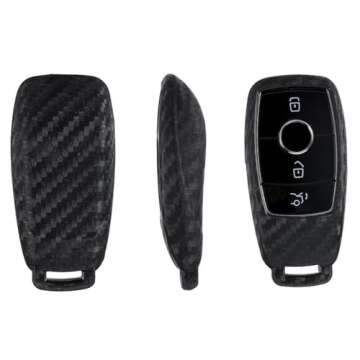 M.JVisun Soft Silicone Rubber Carbon Fiber Texture Cover Car Remote Key Fob Case For Mercedes-Benz 2019-2022 A Class C Class G Class 2017-2022 E Class 2018-2021 S Class Key - Black - Round Keychain