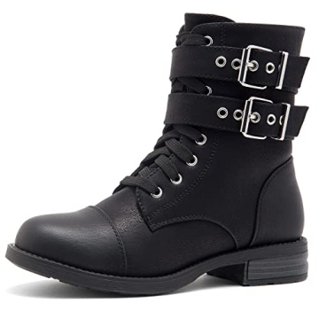 Herstyle Florence2 Women's Mid-Calf Combat Booties - Black Lace-Up Military Shoes
