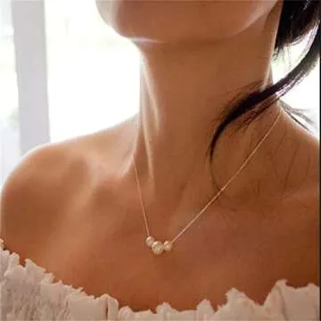 3 Pearl Beads Necklaces for Women 14k Real Gold Plated Chain with White 6mm 8mm Pearl Charm Cute Dainty Gold Pearl Necklace Jewelry
