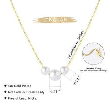 3 Pearl Beads Necklaces for Women 14k Real Gold Plated Chain with White 6mm 8mm Pearl Charm Cute Dainty Gold Pearl Necklace Jewelry