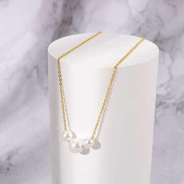 3 Pearl Beads Necklaces for Women 14k Real Gold Plated Chain with White 6mm 8mm Pearl Charm Cute Dainty Gold Pearl Necklace Jewelry