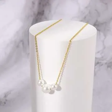 3 Pearl Beads Necklaces for Women 14k Real Gold Plated Chain with White 6mm 8mm Pearl Charm Cute Dainty Gold Pearl Necklace Jewelry