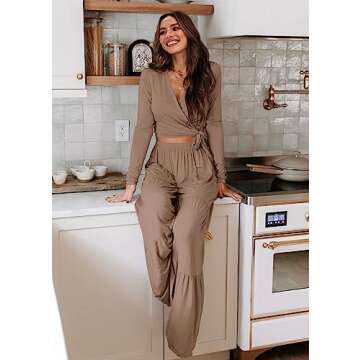 KIRUNDO Womens Fashion Airport Outfit for Women Wrap Tops and Long Pants Matching Lounge Sets Tracksuit Set Pajamas Travel (Khaki, Large)