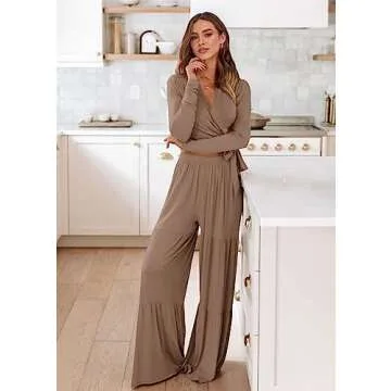 KIRUNDO Womens Fashion Airport Outfit for Women Wrap Tops and Long Pants Matching Lounge Sets Tracksuit Set Pajamas Travel (Khaki, Large)