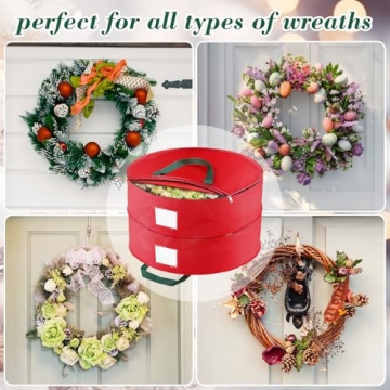 BlessedSeason Wreath Storage Container，Christmas Wreath Storage Bags for 2 Wreath with Dual Zipper and Handles, Dust, Pest Protection,Holiday Wreaths Storage Holder 24” (RED)