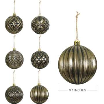 XmasExp Vintage Rustic Christmas Ball Ornaments Sets, 3.15" Plastic Farmhouse Distressed Christmas Tree Decorations Shatterproof Antique Traditional Style Xmas Hanging Ornaments （Bronze, 6Pcs