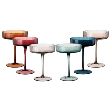 Colored Vintage Art Deco Coupe Glasses - Martini, Cocktail & Champagne Ribbed Glasses 7oz | Set of 6 | Cute Pastel Muted Crystal Cocktail Glassware, Goblet Cocktails, Stemmed Ripple Glassware Gift Box