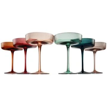 Colored Vintage Art Deco Coupe Glasses - Martini, Cocktail & Champagne Ribbed Glasses 7oz | Set of 6 | Cute Pastel Muted Crystal Cocktail Glassware, Goblet Cocktails, Stemmed Ripple Glassware Gift Box