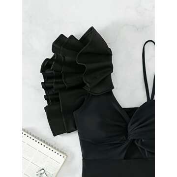 SOLY HUX Women's Onepiece Swimsuit Ruffle Trim Twist Front Bathing Suit Swimwear Solid Black M