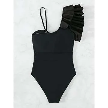SOLY HUX Women's Onepiece Swimsuit Ruffle Trim Twist Front Bathing Suit Swimwear Solid Black M