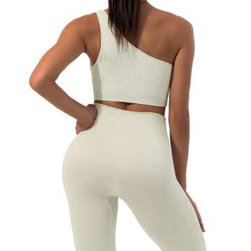 Sportneer Workout Sets for Women 2 Piece, Ribbed Seamless Cute One Shoulder Sports Bra and High Waisted Leggings Matching Gym Yoga Set Outfits Work Out Set Off-white M