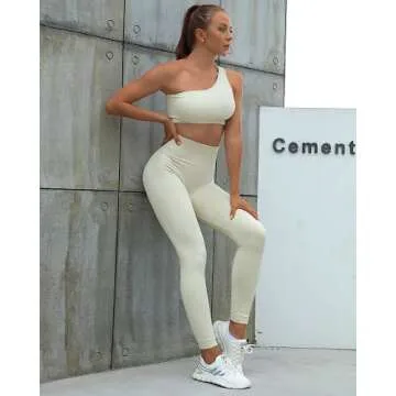 Sportneer Workout Sets for Women 2 Piece, Ribbed Seamless Cute One Shoulder Sports Bra and High Waisted Leggings Matching Gym Yoga Set Outfits Work Out Set Off-white M