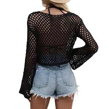Women Sexy Crochet Hollow Out Cover Ups Long Sleeve See Through Fishnet Crop Top Summer Beach Shirt ...