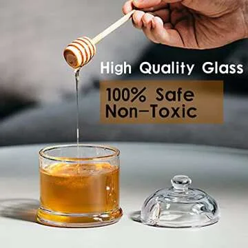 Gkesgm Glass Honey Jar with Wooden Dipper and Glass Lid,Honey Pot Dispenser for Store Honey and Syru,10 Ounces