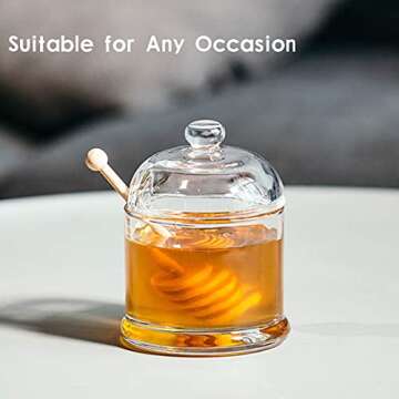 Gkesgm Glass Honey Jar with Wooden Dipper and Glass Lid,Honey Pot Dispenser for Store Honey and Syru,10 Ounces