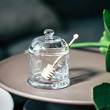 Gkesgm Glass Honey Jar with Wooden Dipper and Glass Lid,Honey Pot Dispenser for Store Honey and Syru,10 Ounces