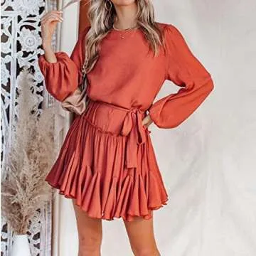 R.Vivimos Women's Fall Cotton Long Sleeves Casual Ruffle Hem Swing Mini Dress with Belt