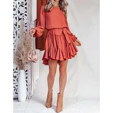 R.Vivimos Women's Fall Cotton Long Sleeves Casual Ruffle Hem Swing Mini Dress with Belt