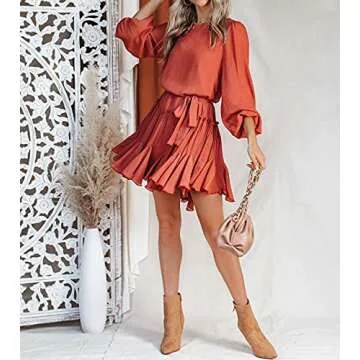 R.Vivimos Women's Fall Cotton Long Sleeves Casual Ruffle Hem Swing Mini Dress with Belt