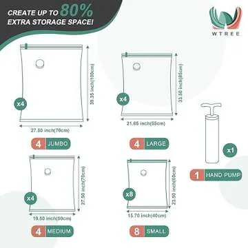 WTREE 20 Pack Vacuum Storage Bags, Space Saver Bags, Vacuum Sealed Bags for Comforters, Blankets, Clothes Storage, Hand Pump Included (4 Jumbo/4 Large/4 Medium/8 Small)