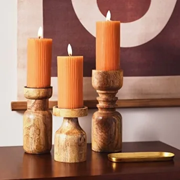 Main + Mesa Turned Wood Pillar Candle Holders Set
