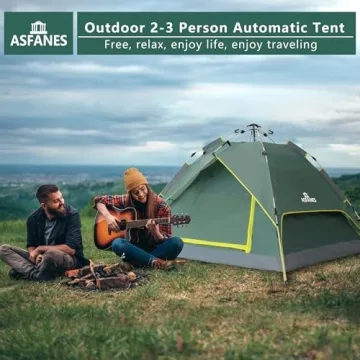 ASFANES 2 People Automatic Camping Tent, Instant Tent for Outdoor Camping, Ultralight Dome Tent 4 Seasons Waterproof & Windproof Camping Tent with Removable Outer Tarpaulin, Army Green