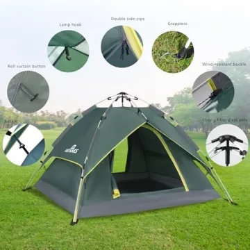 ASFANES 2 People Automatic Camping Tent, Instant Tent for Outdoor Camping, Ultralight Dome Tent 4 Seasons Waterproof & Windproof Camping Tent with Removable Outer Tarpaulin, Army Green