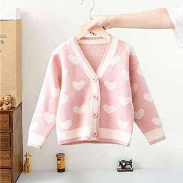 FindThy Girls Heart Print Cute Cardigan Long Sleeve V Neck Brushed Sweater Kawaii Cardigan Coat (094...