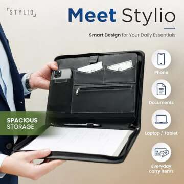 STYLIO Zipper Padfolio Portfolio Binder Organizer | Faux Leather Portfolio for Resume, Documents, Phone, Tablet, Business Supplies and Cards | Notebook Organizer with Letter Sized Notepad Included