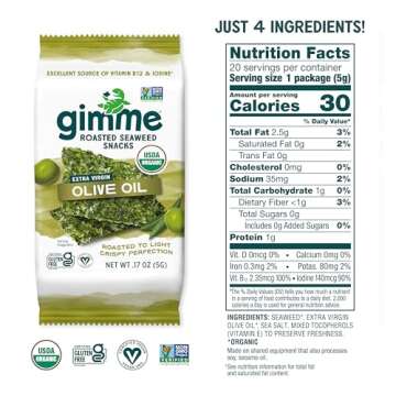 Gimme Seaweed - Extra Virgin Olive Oil - 20 Count - Organic Roasted Seaweed Sheets - Keto, Vegan, Gluten Free - Great Source of Iodine & Omega 3’s - Healthy On-The-Go Snack for Kids & Adults