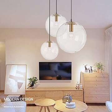 H XD GLOBAL Spherical LED Clear Glass Hanging Light, Creative Single Pendant Light, Ceiling Light Base on E27 Gold Lamp Holder (30CM)