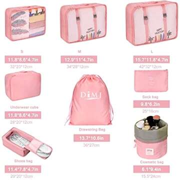 Packing Cubes for Travel, 8Pcs Travel Cubes Set Foldable Suitcase Organizer Lightweight Luggage Storage Bag (Pink)