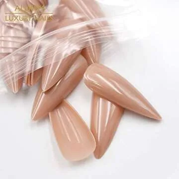 Allkem Press On Nails - Nude Glossy Extra Long Sculpted Stiletto 2 Set Bundle | 10 sizes - 20 pcs False Nails Full Cover Nail Kit with Glue