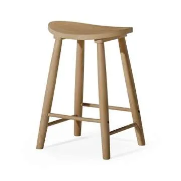 Maven Lane Luna 26 Inch Tall Counter Height Backless Modern Dining Barstool in Rustic Light Oak Wood Finish with Narrow Saddle Seat, Set of 2