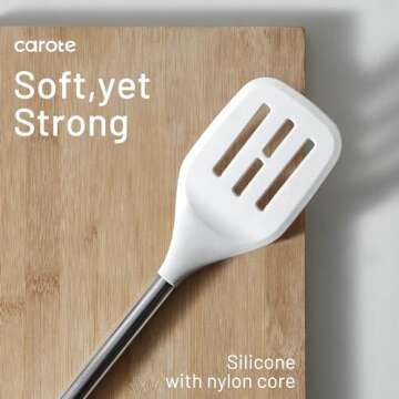 CAROTE 9PCS Kitchen Utensils Set, Silicone Kitchen Utensils Set with Stainless Steel Handle for Non-Stick Cookware Set, Dishwasher Safe, White