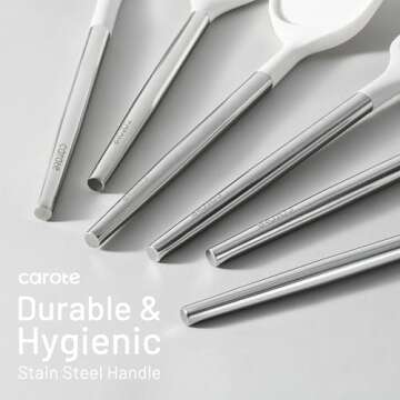 CAROTE 9PCS Kitchen Utensils Set, Silicone Kitchen Utensils Set with Stainless Steel Handle for Non-Stick Cookware Set, Dishwasher Safe, White