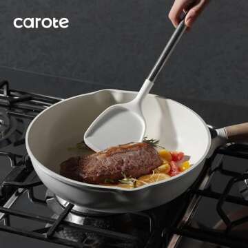 CAROTE 9PCS Kitchen Utensils Set, Silicone Kitchen Utensils Set with Stainless Steel Handle for Non-Stick Cookware Set, Dishwasher Safe, White