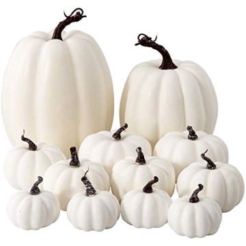 Oyydecor 12Pcs Assorted Sizes Artificial Pumpkins Decoration Harvest Fall White Pumpkins Fake Foam P...