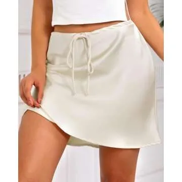 Teddify Women's Satin Mini Skirt Drawstring High Waisted Silk Cute Casual 2024 Summer A-Line Short Skirts Beige, Small