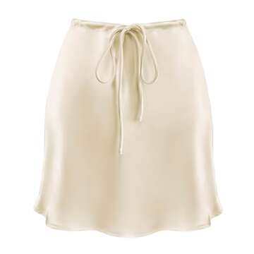 Teddify Women's Satin Mini Skirt Drawstring High Waisted Silk Cute Casual 2024 Summer A-Line Short Skirts Beige, Small