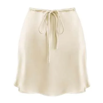 Teddify Women's Satin Mini Skirt Drawstring High Waisted Silk Cute Casual 2024 Summer A-Line Short Skirts Beige, Small