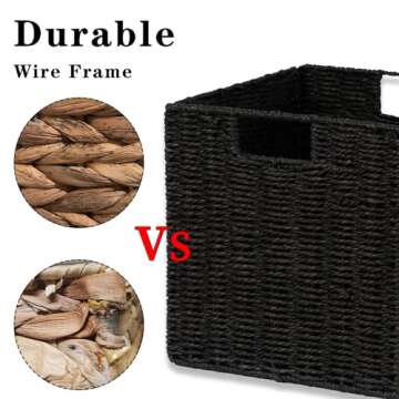 Vagusicc Wicker Storage Basket, Set of 2 Hand-Woven Paper Rope Wicker Baskets, Foldable Cube Storage Bins, Black Storage Basket, Square Baskets for Organizing Shelves & Decor, Black (11″×11″×11″)