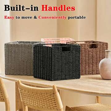 Vagusicc Wicker Storage Basket, Set of 2 Hand-Woven Paper Rope Wicker Baskets, Foldable Cube Storage Bins, Black Storage Basket, Square Baskets for Organizing Shelves & Decor, Black (11″×11″×11″)